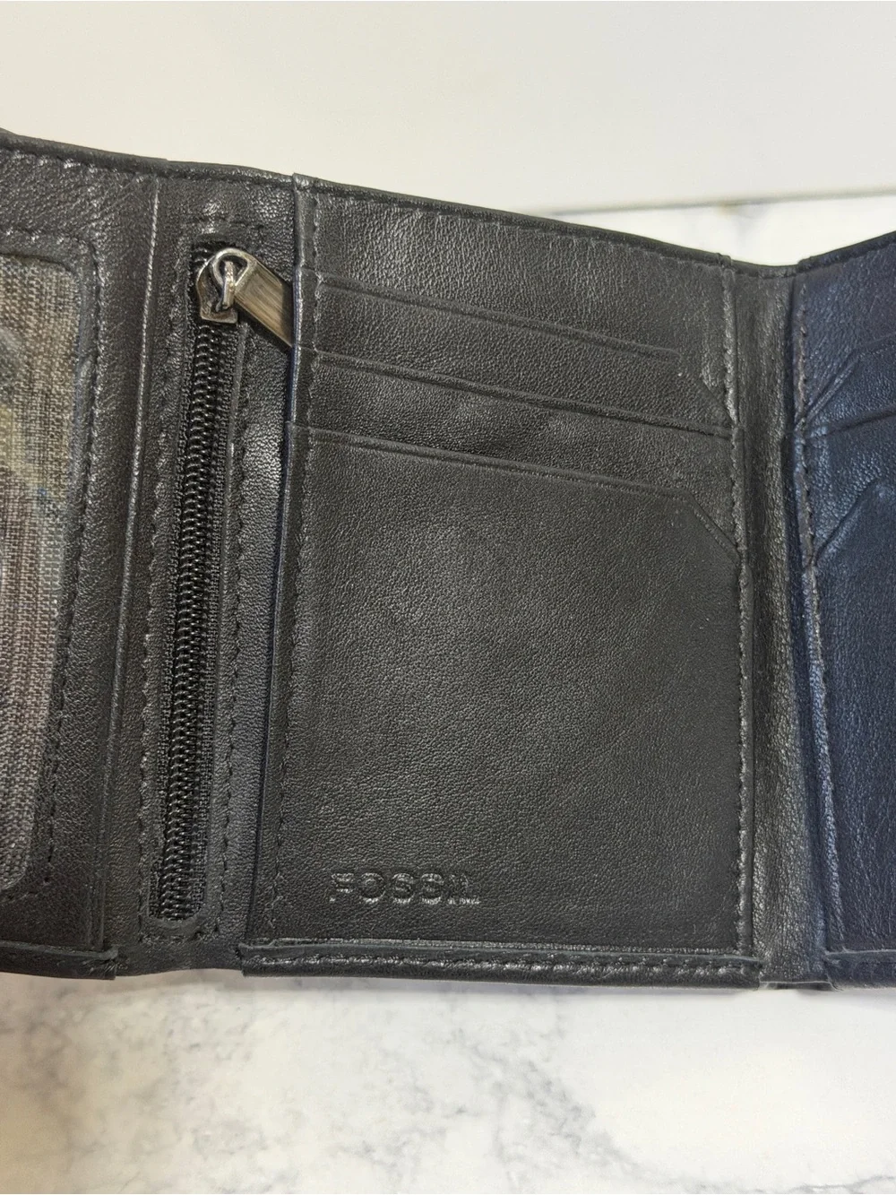 Fossil Evan zip black leather slim trifold men’s wallet